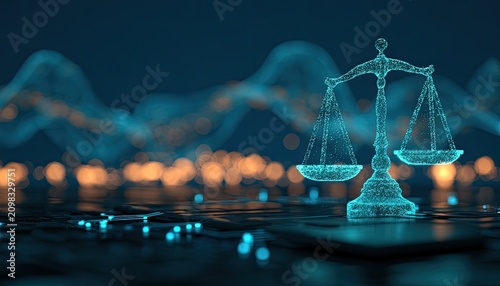 Digital scales of justice on a circuit board with futuristic glow