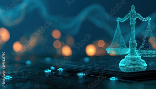 Digital scales of justice glow with vibrant blue light over circuit board