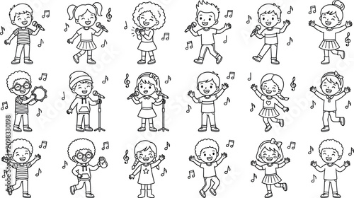 Foto Cute cartoon kids singing and dancing with microphones and tambourine black line