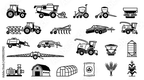 Photos Farm Equipment and Agricultural Machinery Black and White Vector Icon Set Featur