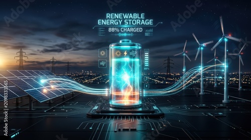 Renewable Energy Storage Battery with Solar Panels and Wind Turbines