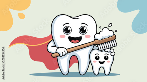 Happy superhero tooth character diligently brushes a smaller tooth with a foamy toothbrush