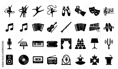 Bild auf Leinwand Performing Arts Ballet and Musical Instrument Black Silhouette Vector Icon Set