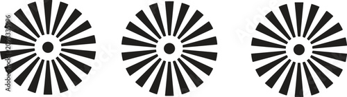 Canvastavla Set of three identical circular sunburst patterns with radial black and white de