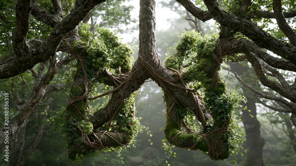Fototapeta premium Lush Moss Hanging From Old Trees in Foggy Woodland