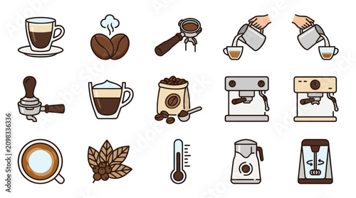 Photography Coffee Beans Cups Machines Icons.