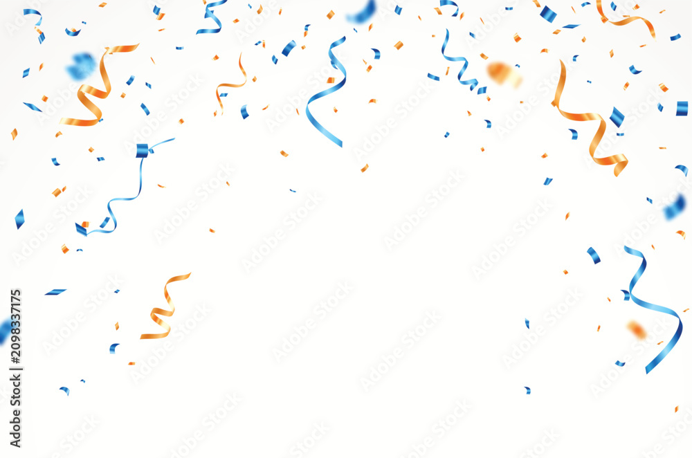 Fototapeta premium Falling blue and orange ribbon confetti, party and ads element design or backgrounds
