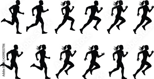 Фотография Running silhouette sequence, male female figures, black runners, stride cycle, m