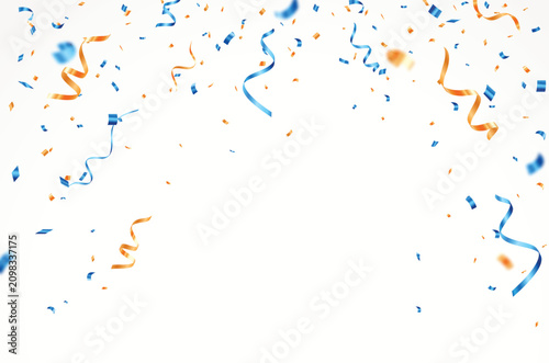 Falling blue and orange ribbon confetti, party and ads element design or backgrounds
