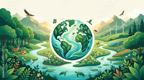 Foto Vibrant sustainable planet illustration featuring lush green landscapes wildlife