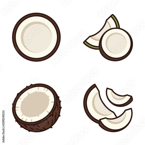 Fotografi Coconut Fruit Slices and Halves Illustration.