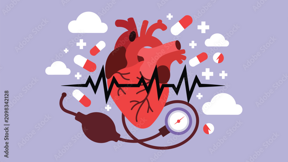 Fototapeta premium Human heart with a heartbeat line, medical pills, and blood pressure monitor