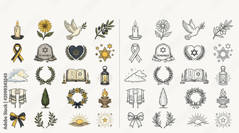 Obraz premium Collection of Symbols of Remembrance, Mourning, and Peace, Including Candles, Ribbons, Doves, and Laurel Wreaths.