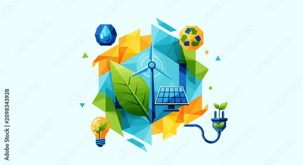 Fototapeta premium Eco friendly icons, sustainable energy symbols, environmental logos, green technology illustrations, vector graphics