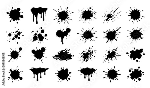 Foto Black ink splash and drip vector set with grunge splatter blot drops and artisti