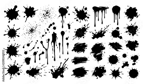 Fotografi Monochrome ink splatter collection with paint drips grunge blotches and abstract