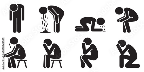 Cuadro en lienzo Professional collection of black silhouette icons showing people experiencing nausea illness suffering and physical fatigue states