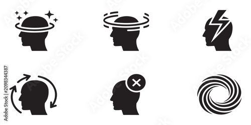 Konstfotografi Head icons symbolizing dizziness confusion disorientation and mental breakdown on a clean background