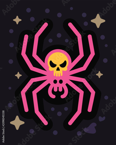 Outlined pink spider with a yellow skull body on a dark mystical background with dots