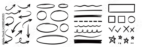 Line arrow hand marker set. Hand drawn line arrow marker pen brush sketch check highlight stroke. Circle underline tick star sign, doodle rough check, cross mark. Vector illustration