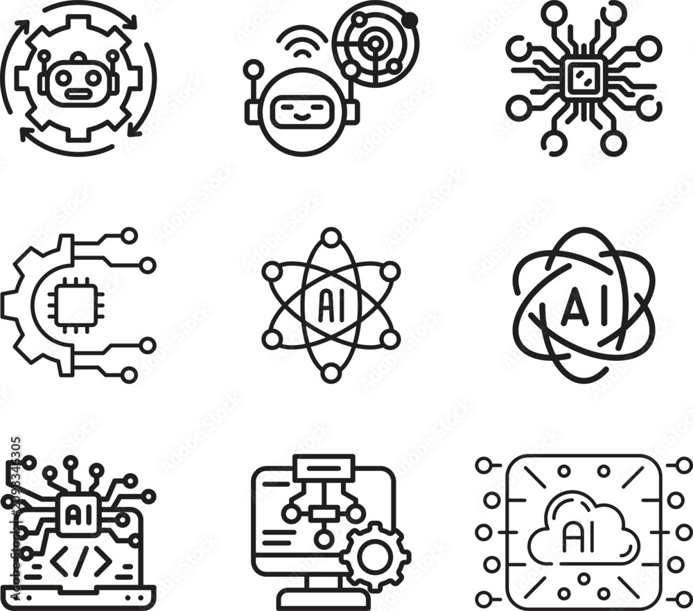 Fototapeta premium Artificial intelligence AI technology icon set collection group featuring neural, digital, robotic, data, automation, network, computing, innovation, futuristic, cyber interface symbols.
