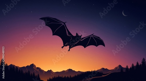 Silhouette Bat Flying Twilight Sky Background
