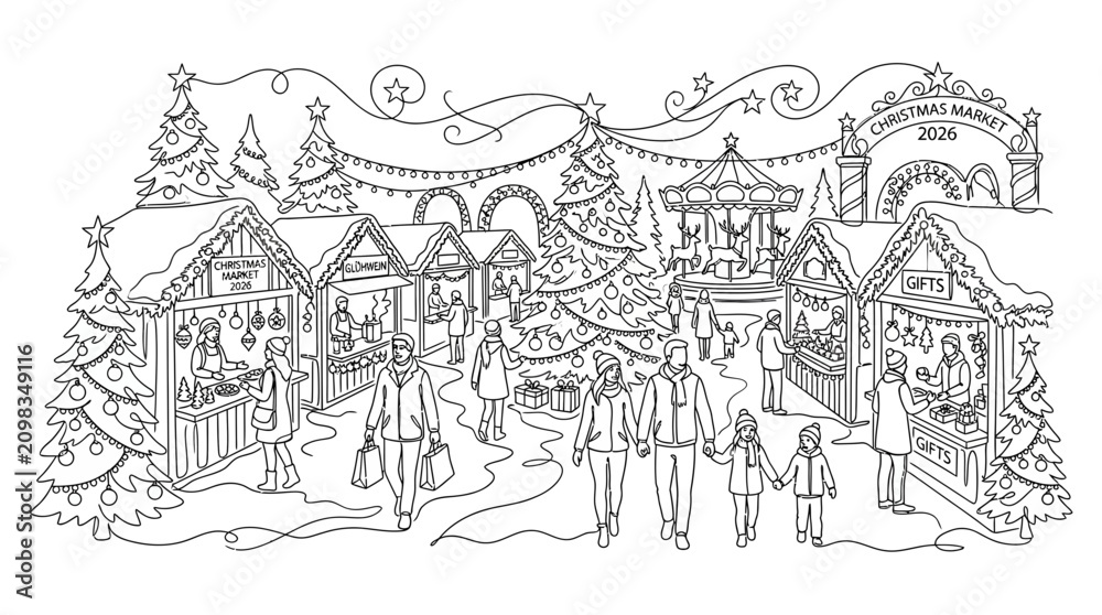 Fototapeta premium Hand Drawn Christmas Market Scene with Festive Stalls Carousel and People Line Art