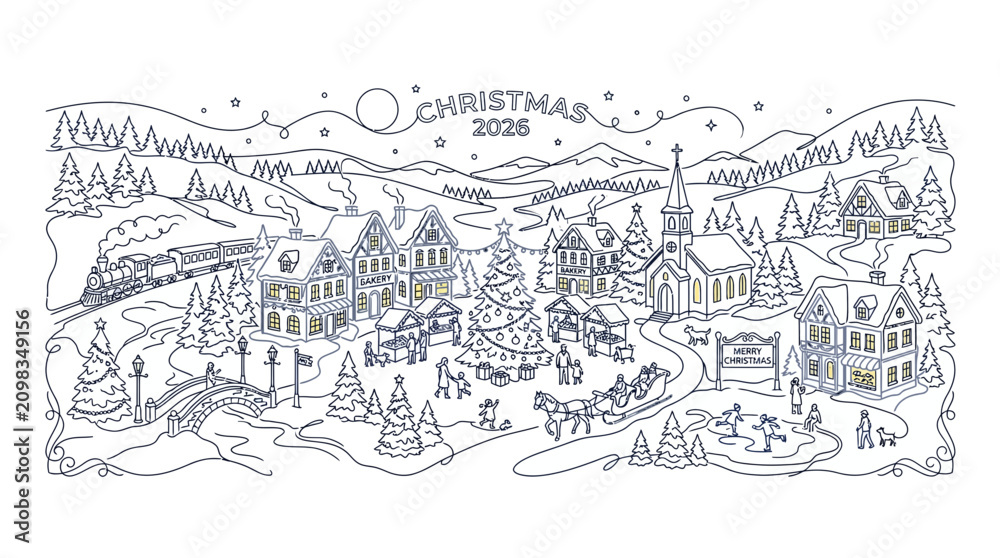 Fototapeta premium Hand Drawn Festive Winter Village Scene with Train Sleigh and Christmas Tree for 2026