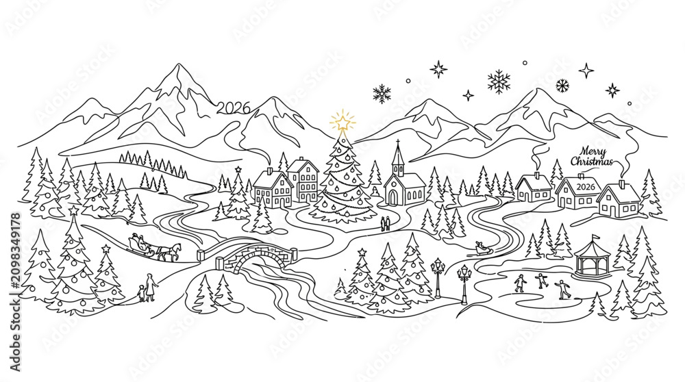 Fototapeta premium Hand drawn minimalist winter village panorama with snowy mountains and Christmas tree