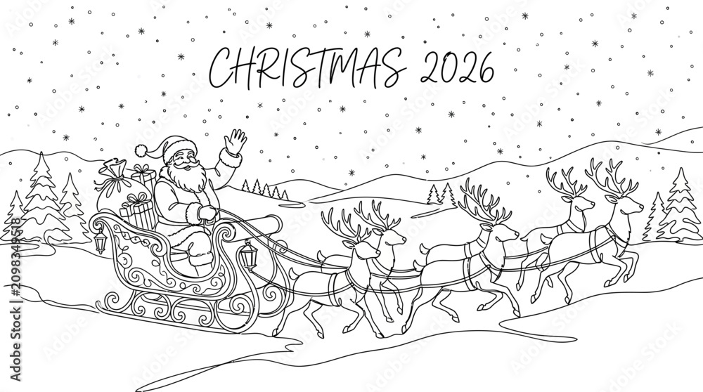 Obraz premium Minimalist Continuous Line Art of Christmas 2026 Scene with Sleigh and Reindeer