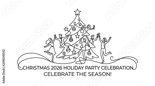 Minimalist continuous line art of people celebrating Christmas 2026 holiday party around a tree