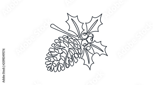 Foto Minimalist continuous line art of winter pine cone and holly leaves
