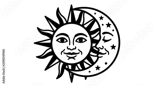 Sun and moon celestial fusion illustration with human faces isolated on white background.