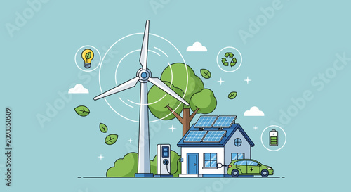 Sustainable green energy house with solar panels and wind turbine, eco friendly electric car charging at home station, renewable power concept vector illustration in flat style