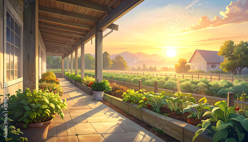Sunset garden with plants and house.