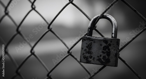 Rusty Padlock on Chain Link Fence in Black and White for Security and Restriction Themes