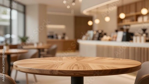 Luxury cafe interior with elegant wooden tabletop and modern dining atmosphere