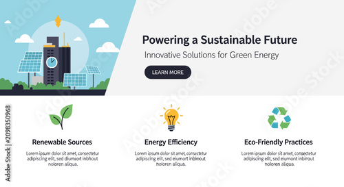 Sustainable future green energy landing page template, renewable sources and energy efficiency web banner, eco-friendly practices flat vector illustration with solar panels