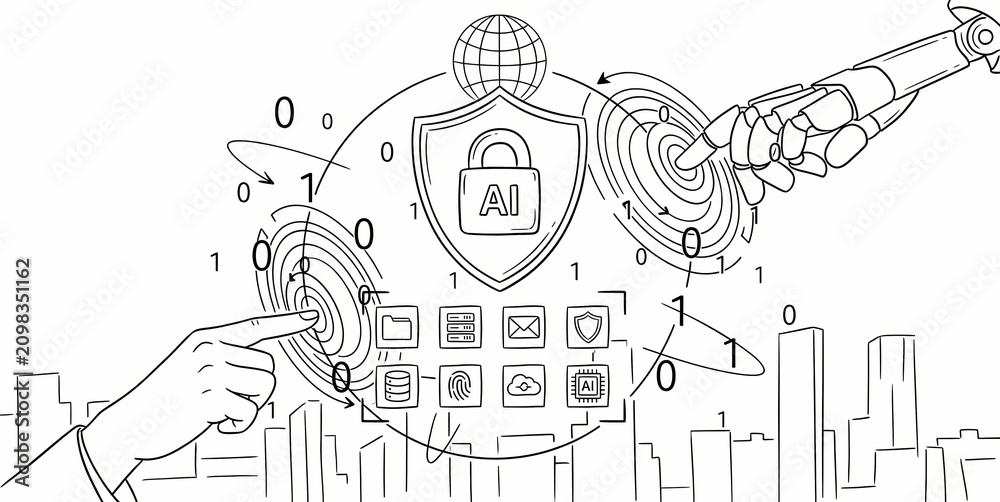 Fototapeta premium cybersecurity concept with human and robot hand touching digital shield, secure artificial intelligence data protection with cybersecurity icons and city background, cybersecurity technology