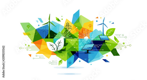 Sustainable green energy concept vector, renewable power sources with wind turbines and solar panels, eco friendly low poly geometric background, clean electricity infrastructure