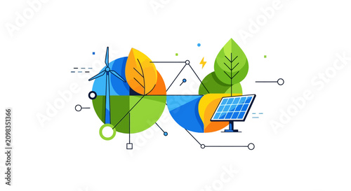 Sustainable green energy concept vector, renewable power sources with wind turbine and solar panel, eco friendly environment illustration, clean technology and nature conservation