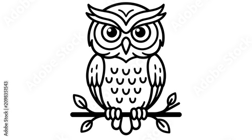 Outline owl sitting on a branch icon as a simple black line art drawing for creative work.