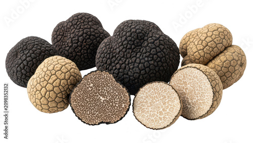 Fresh black and white truffles isolated on white background