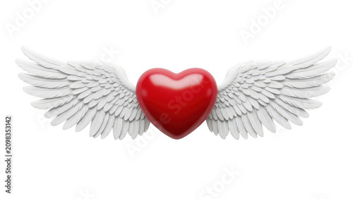 Red heart shape with detailed white angel wings symbol, romantic