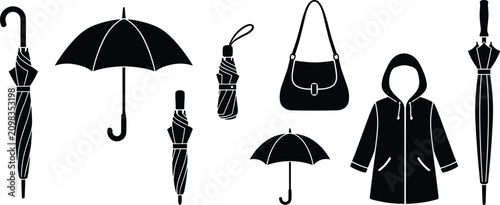 Foto Rain gear silhouette set, 8 black vector icons of umbrellas, raincoat, handbag,