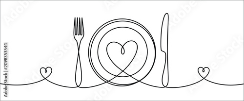 Minimalist continuous line drawing of dinner plate with fork and knife, elegant dining symbol for restaurant branding, café menu, food service and hospitality, modern outline vector illustration.