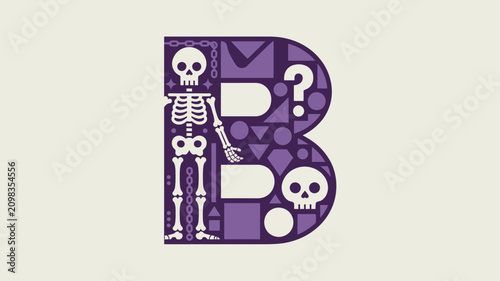 Purple letter B illustration with playful skeleton, skull, chains, and geometric shapes