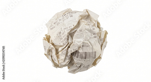Crumpled paper receipt isolated transparency object