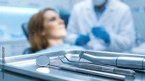 Close-up of sterile dental tools on a tray, ready for a patient examination.