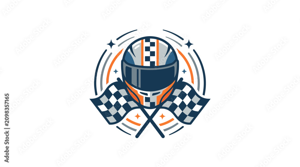 Fototapeta premium Racing Helmet and Checkered Flags Emblem
